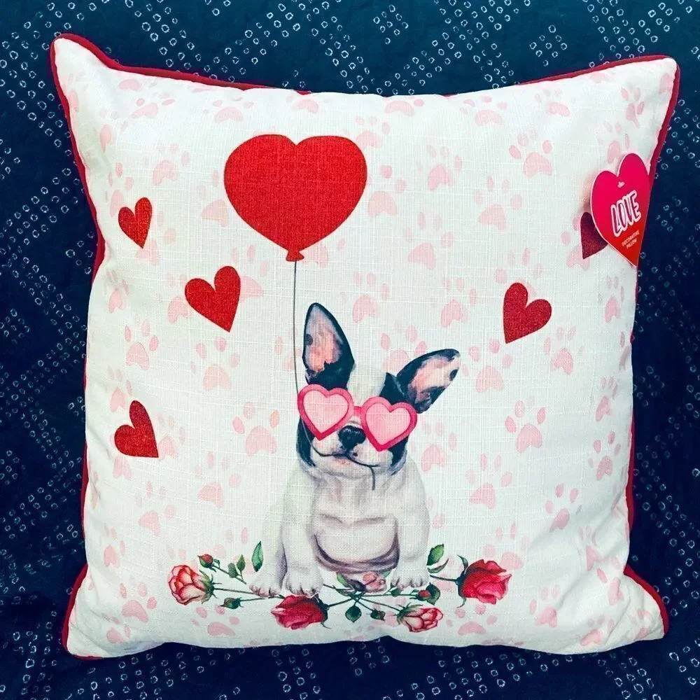 Valentine Hearts Frenchie Boston Dog Throw Pillow
